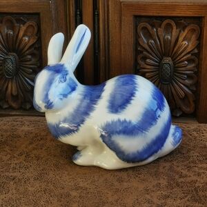 Blue and White Ceramic Rabbit Figurine